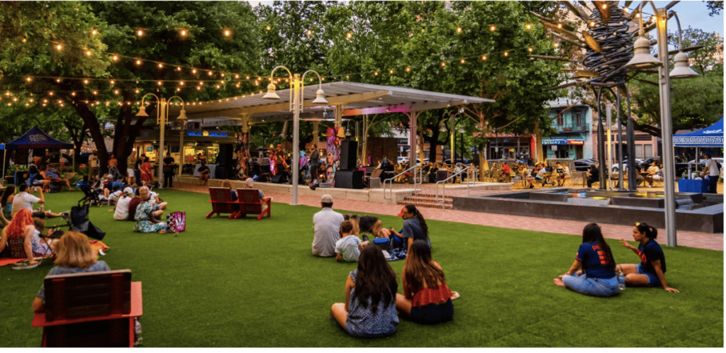 Evening view of Market Square Park in Houston.